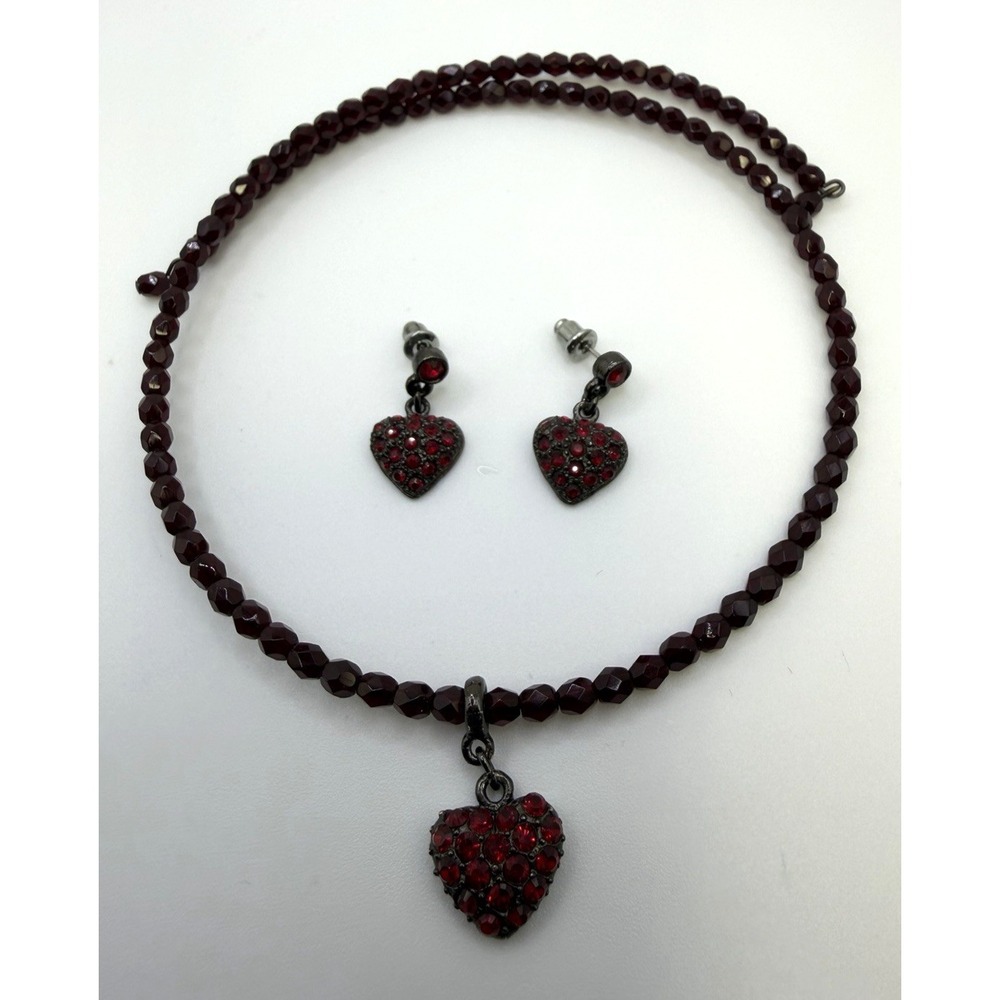 1928 Jewelry Red Crystal Heart Necklace Earrings Set Gothic Victorian Choker